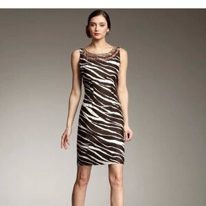 Kate ♠️ Sleeveless Zebra-Print Sheath Dress Embellished Neckline - Brown/White
